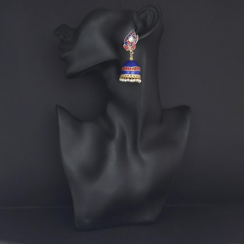 Shreeji Creation Gold Plated Blue Meenakari And Kundan Jhumki Earrings - 1316366B
