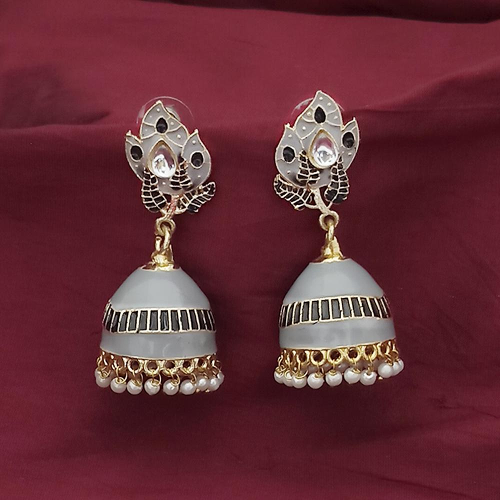 Shreeji Creation Gold Plated Grey Meenakari And Kundan Jhumki Earrings - 1316366C