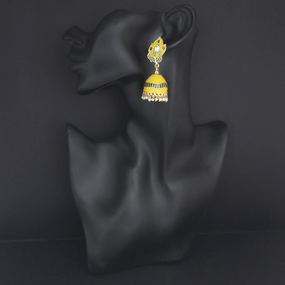 Shreeji Creation Gold Plated Yellow Meenakari And Kundan Jhumki Earrings - 1316366E