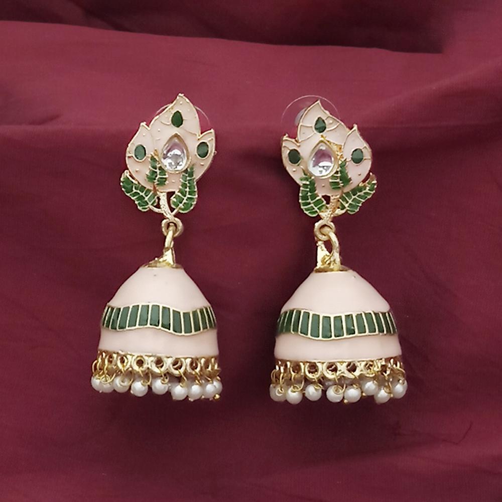 Shreeji Creation Gold Plated Peach Meenakari And Kundan Jhumki Earrings - 1316366F