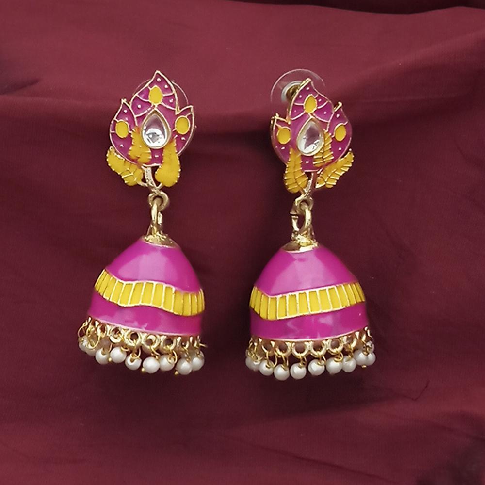 Shreeji Creation Gold Plated Dark Pink Meenakari And Kundan Jhumki Earrings - 1316366G