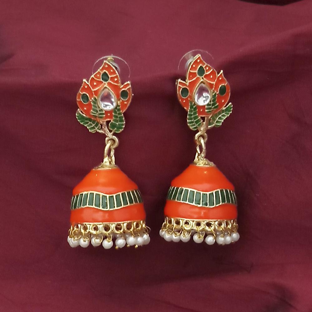 Shreeji Creation Gold Plated Orange Meenakari And Kundan Jhumki Earrings - 1316366H