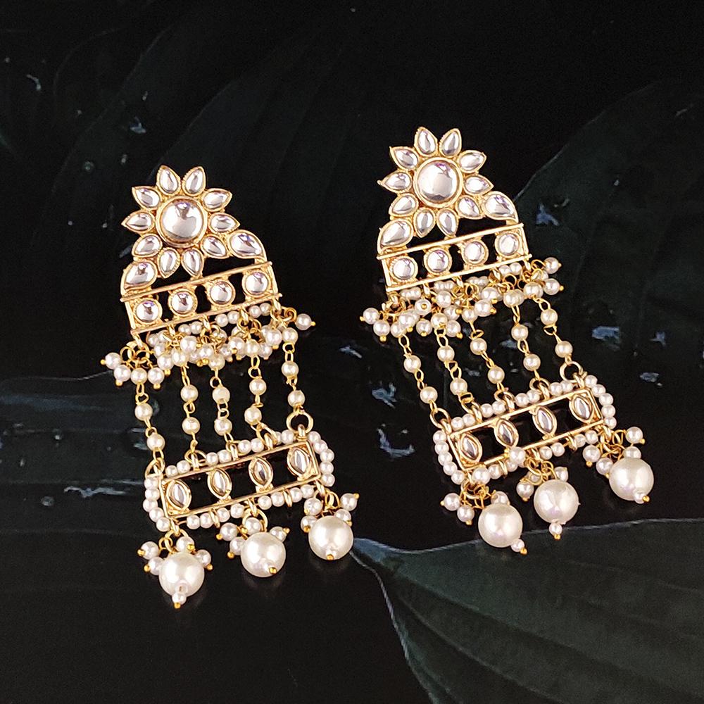 Shreeji Creation Gold Plated White Beads and Kundan Dangler Earrings - 1316372A