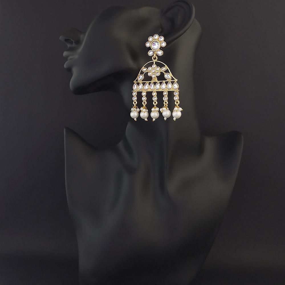 Shreeji Creation Gold Plated White Beads and Kundan Dangler Earrings - 1316373A
