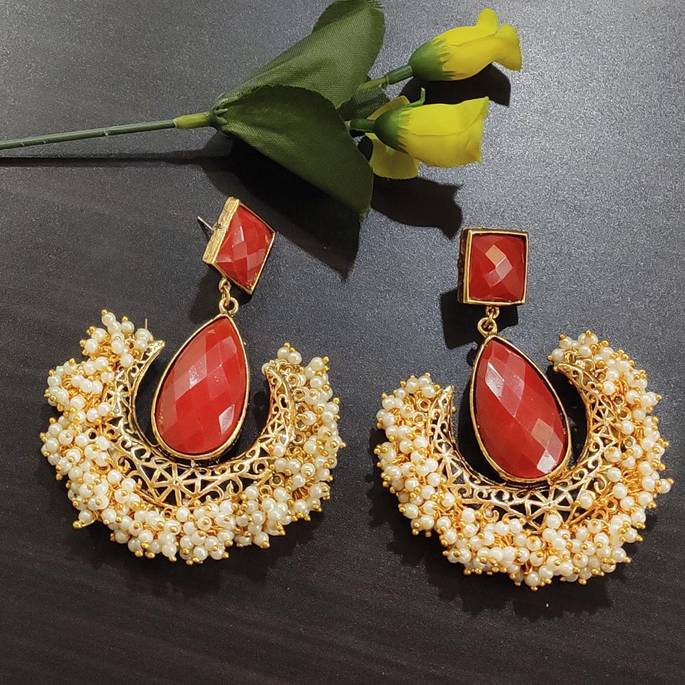 Shreeji Creation Gold Plated Red Stone and Pearl Dangler Earrings - 1316374A