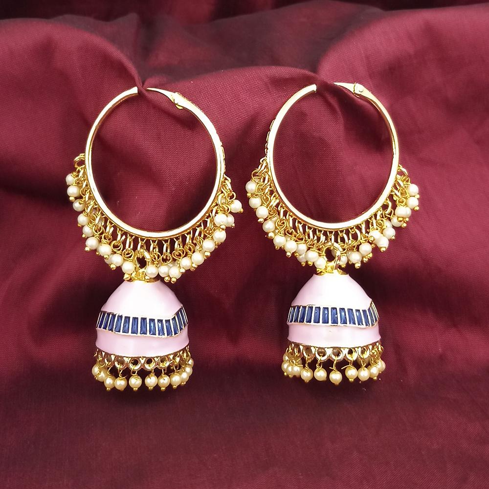 Shreeji Creation Gold Plated L Pink Meenakari And Pearl Jhumki Earrings - 1316376I