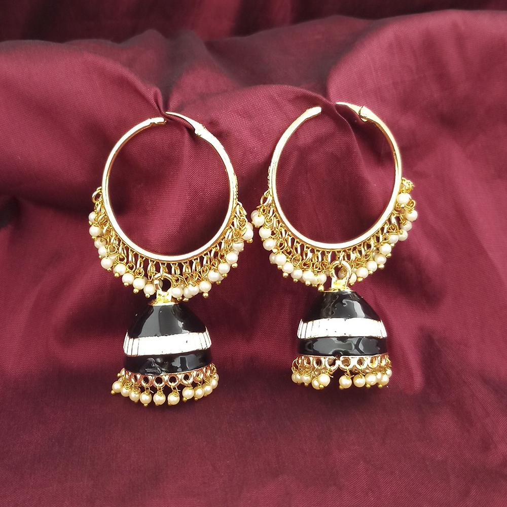 Shreeji Creation Gold Plated Black Meenakari And Pearl Jhumki Earrings - 1316376J