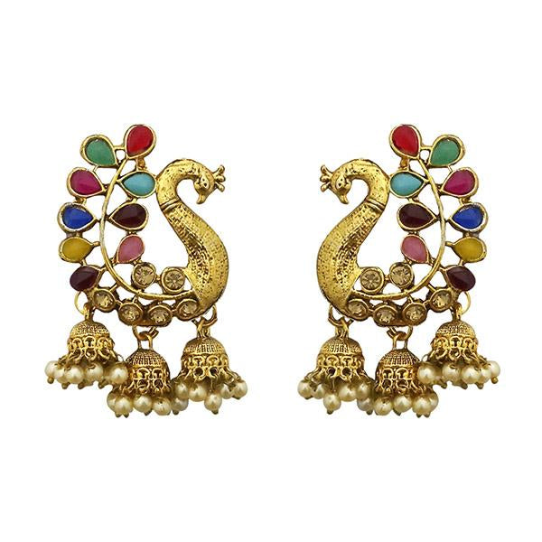 Kriaa Gold Plated Multi Color Stone Peacock Jhumki earrings - 1316916