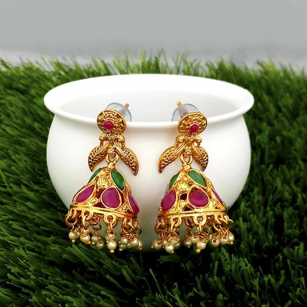 Kriaa Maroon And Green Pota Stone Gold Plated Jhumkas Earrings - 1317312