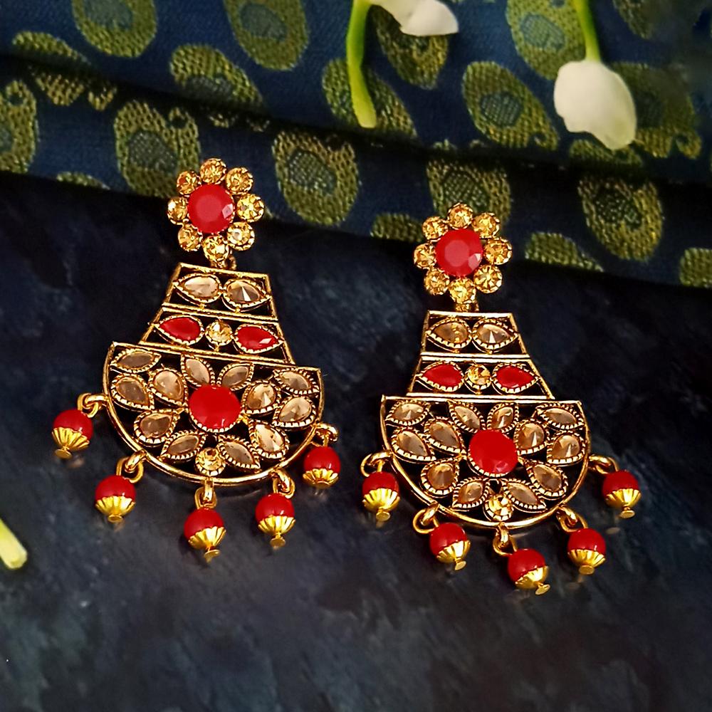 JD Art Gold Plated Red Kundan Dangler Earrings-1317623B