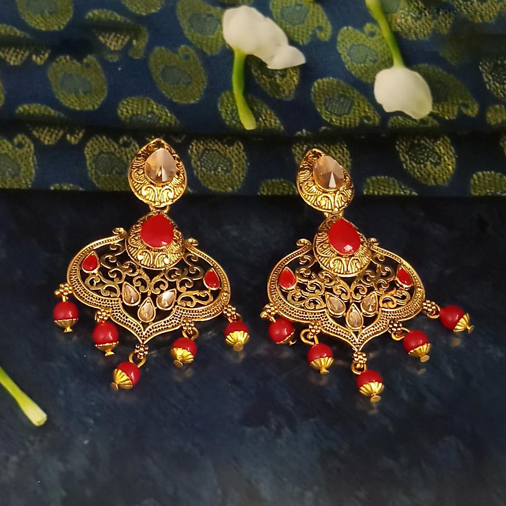 JD Art Gold Plated Red Kundan Dangler Earrings-1317625B