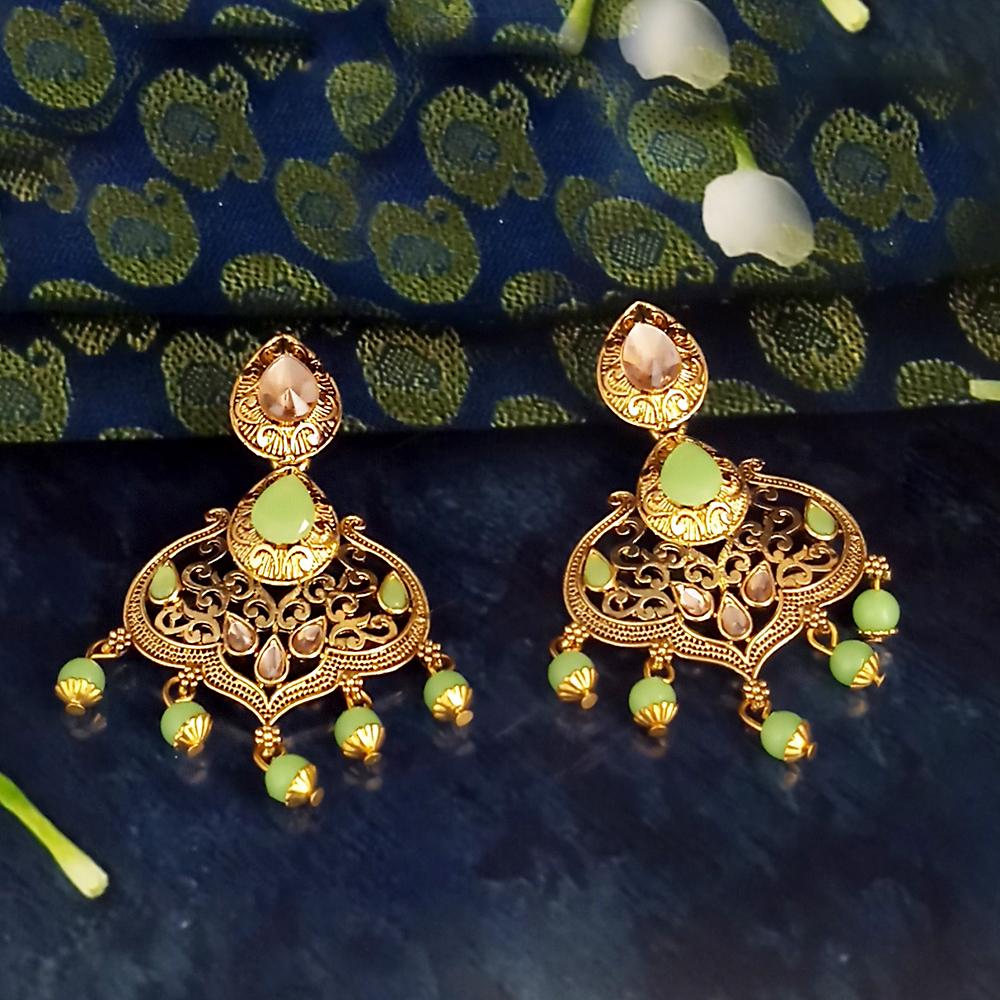 JD Art Gold Plated Green Kundan Dangler Earrings-1317625G