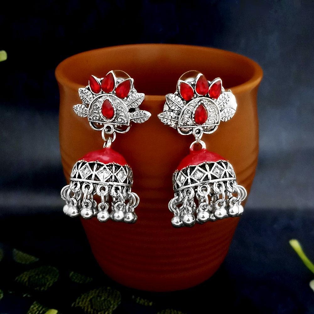Jeweljunk Red Oxidised Plated Jhumki Earrings -1317806A