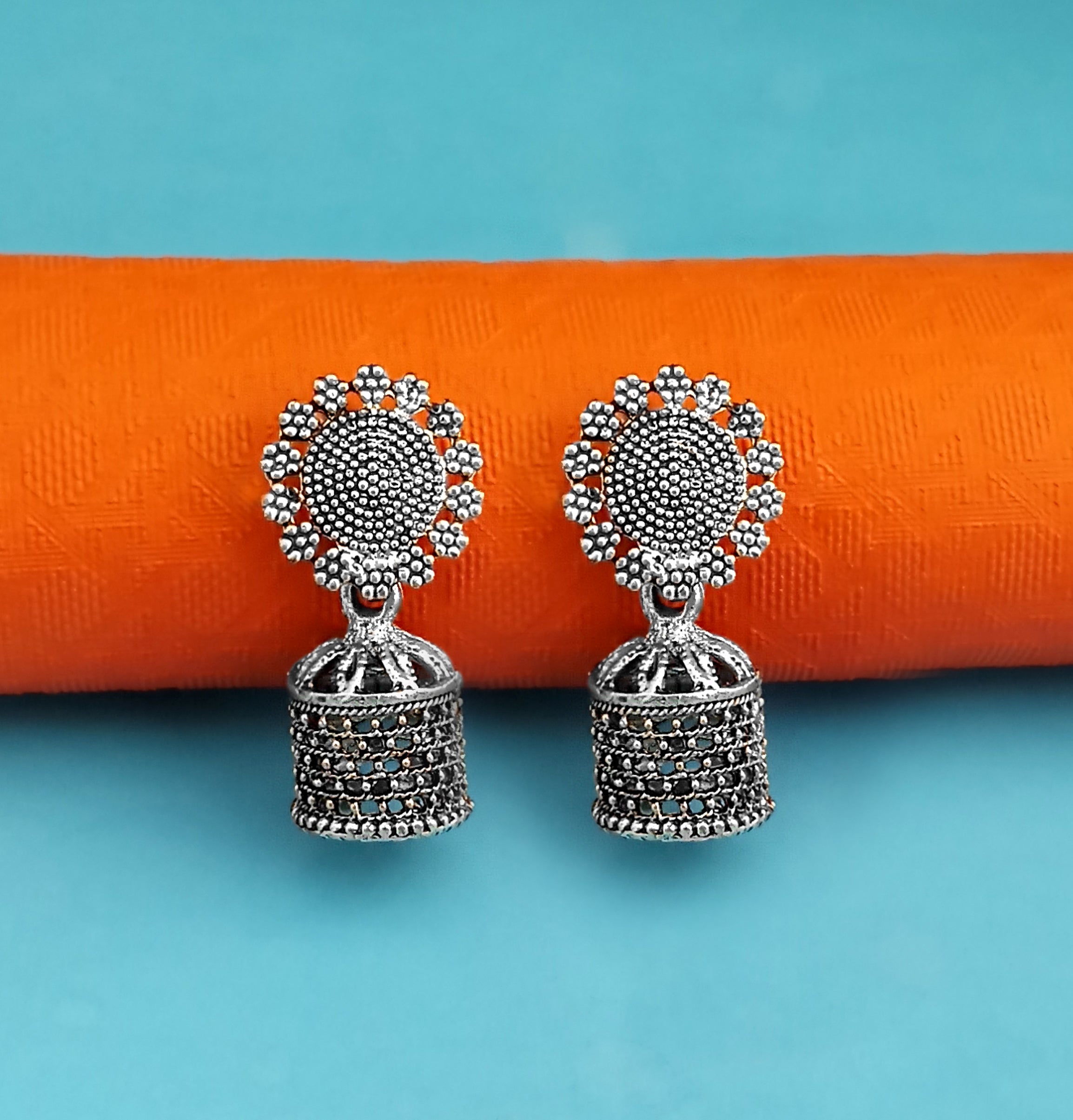 Woma Floral Oxidised Plated Jhumki Earrings