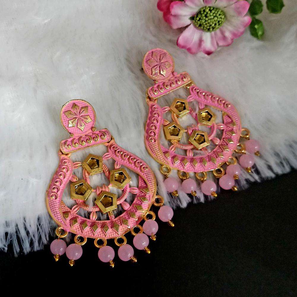 Woma Pink Matte Meenakari Dangler Beads Drop Earrings -1318005C