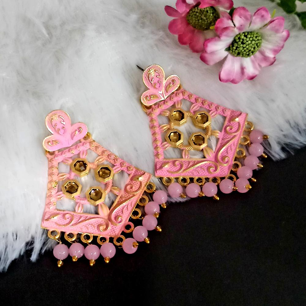 Woma Pink Matte Meenakari Dangler Beads Drop Earrings -1318006C