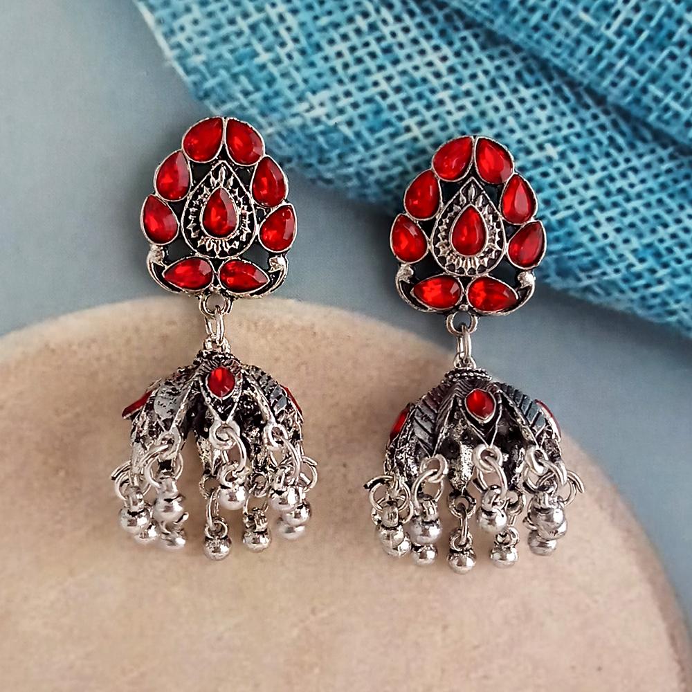 Woma Red Austrian Stone Oxidised Jhumka Earrings -1318330H