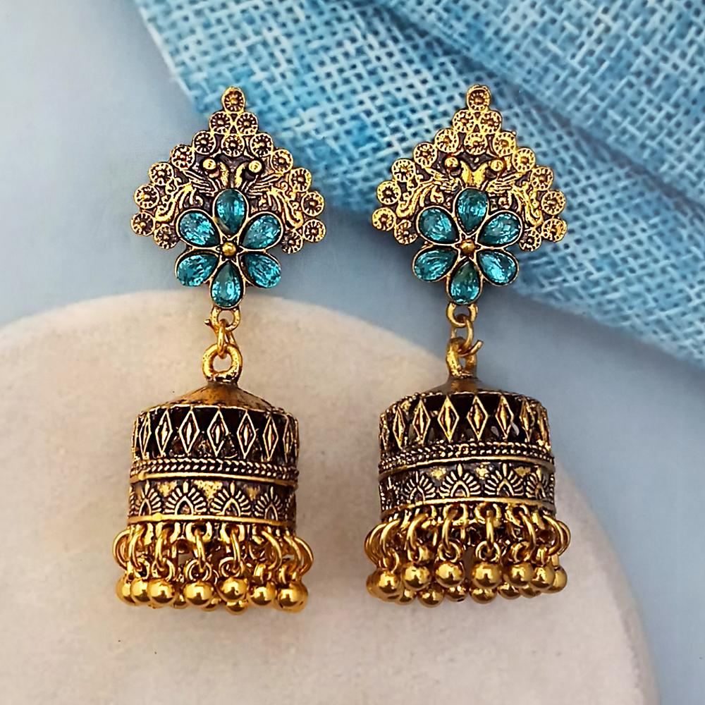 Woma Blue Austrian Stone Gold Plated Jhumka Earrings - 1318343C