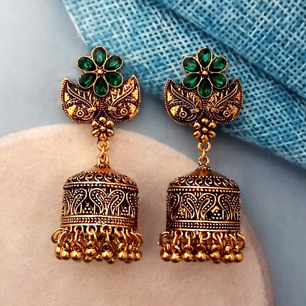 Kriaa Green Austrian Stone Gold Plated Jhumka Earrings - 1318344H