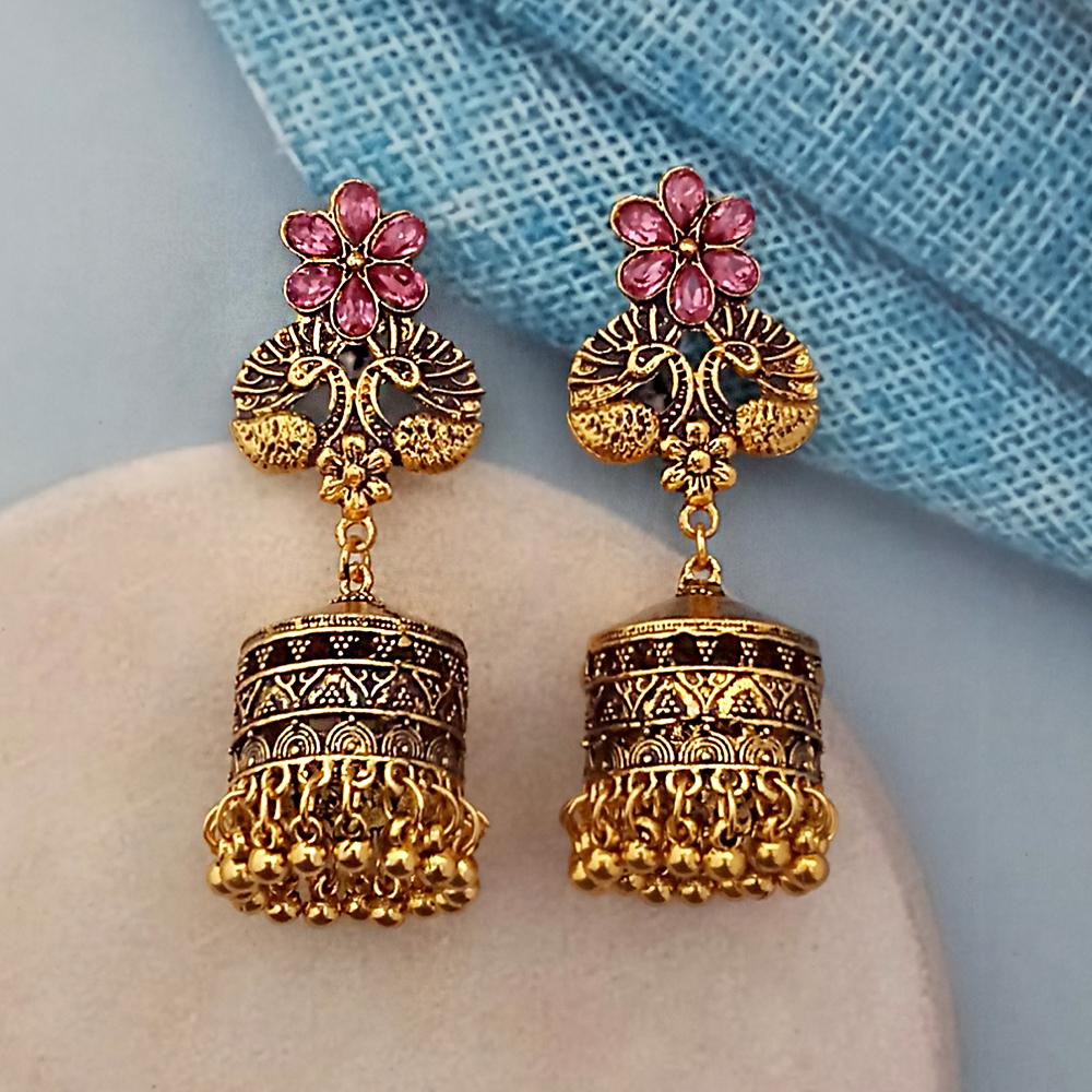 Woma Pink Austrian Stone Gold Plated Jhumka Earrings - 1318345E