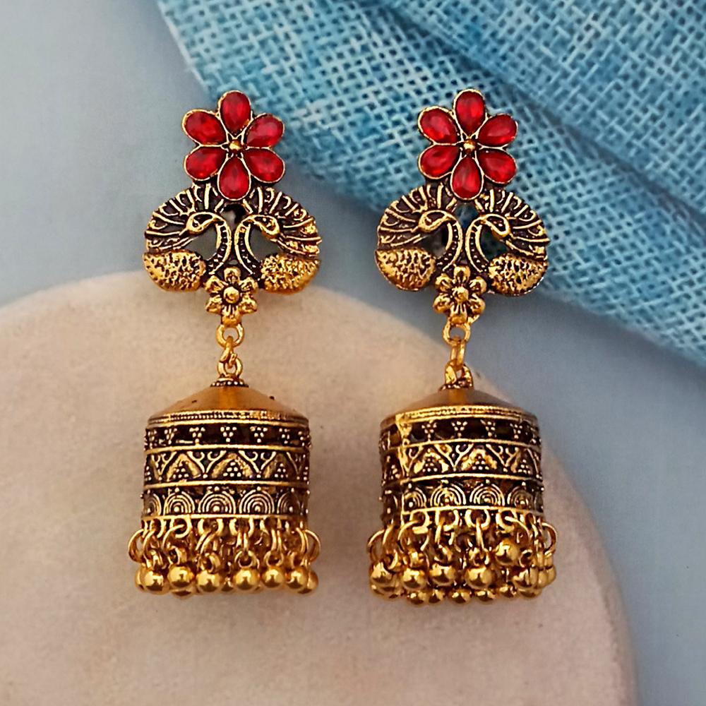 Woma Red Austrian Stone Gold Plated Jhumka Earrings - 1318345H