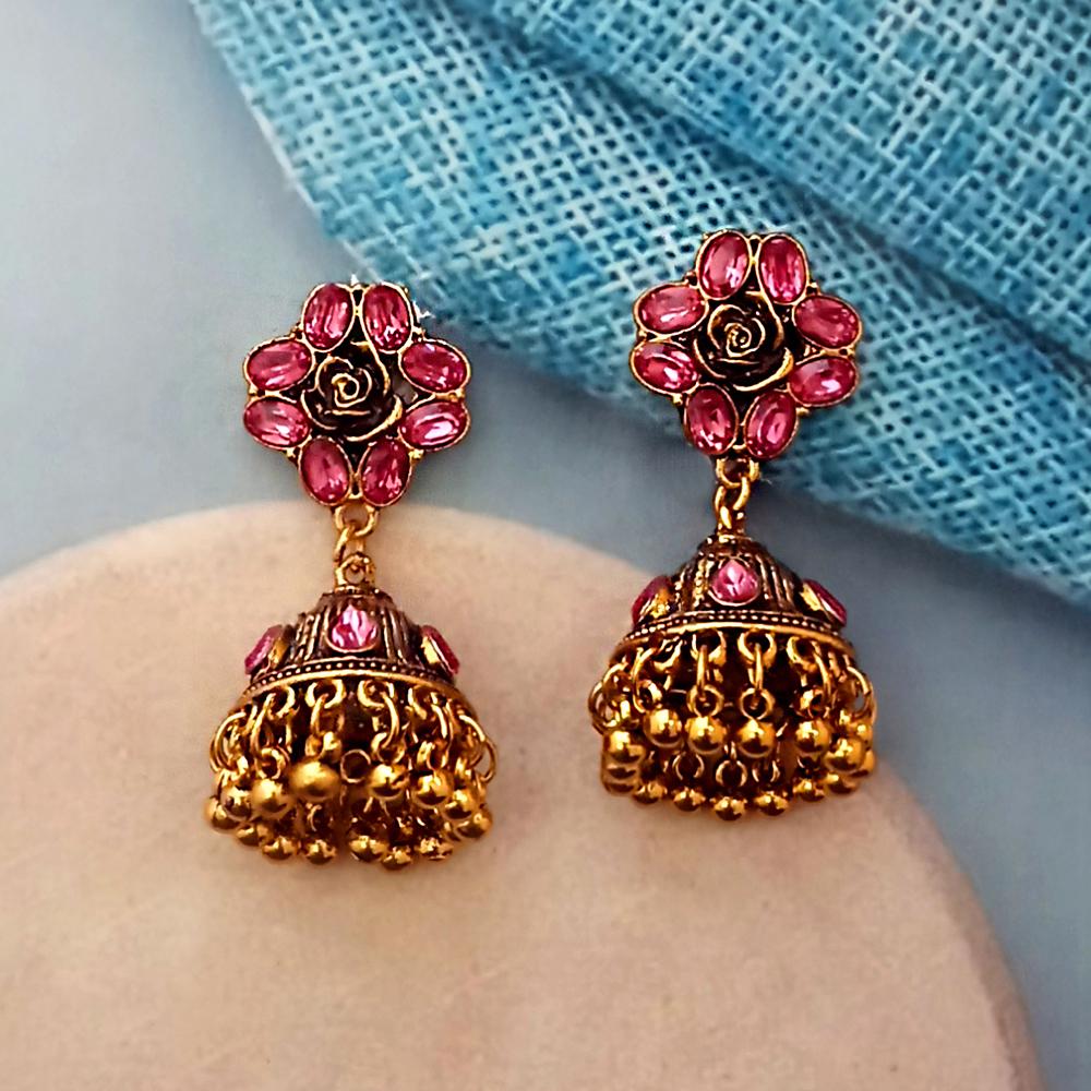 Kriaa Pink Austrian Stone Gold Plated Jhumka Earrings - 1318355E