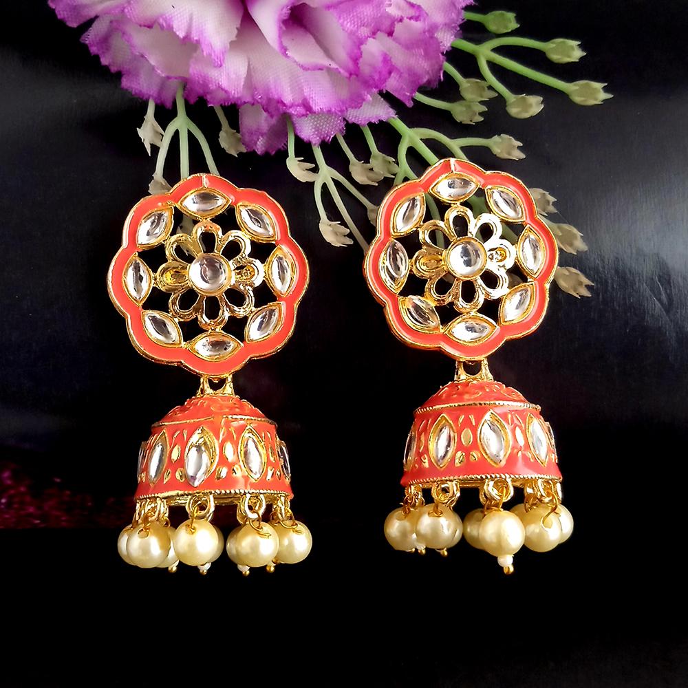 Parshwam Orange Kundan Meenakari Jhumka Earrings -1318601F