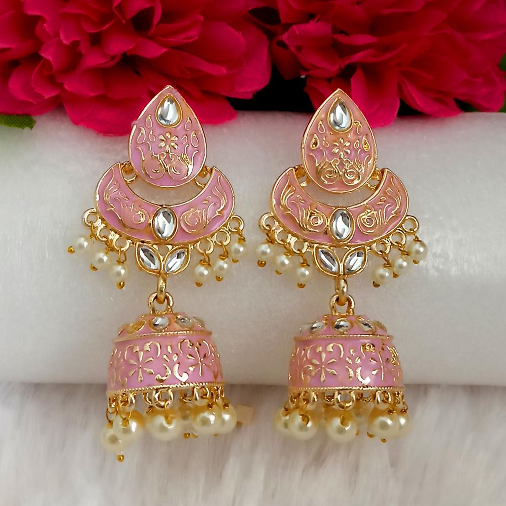 Parshwam Pink Meenakari Kundan Jhumka Earrings-1318602I