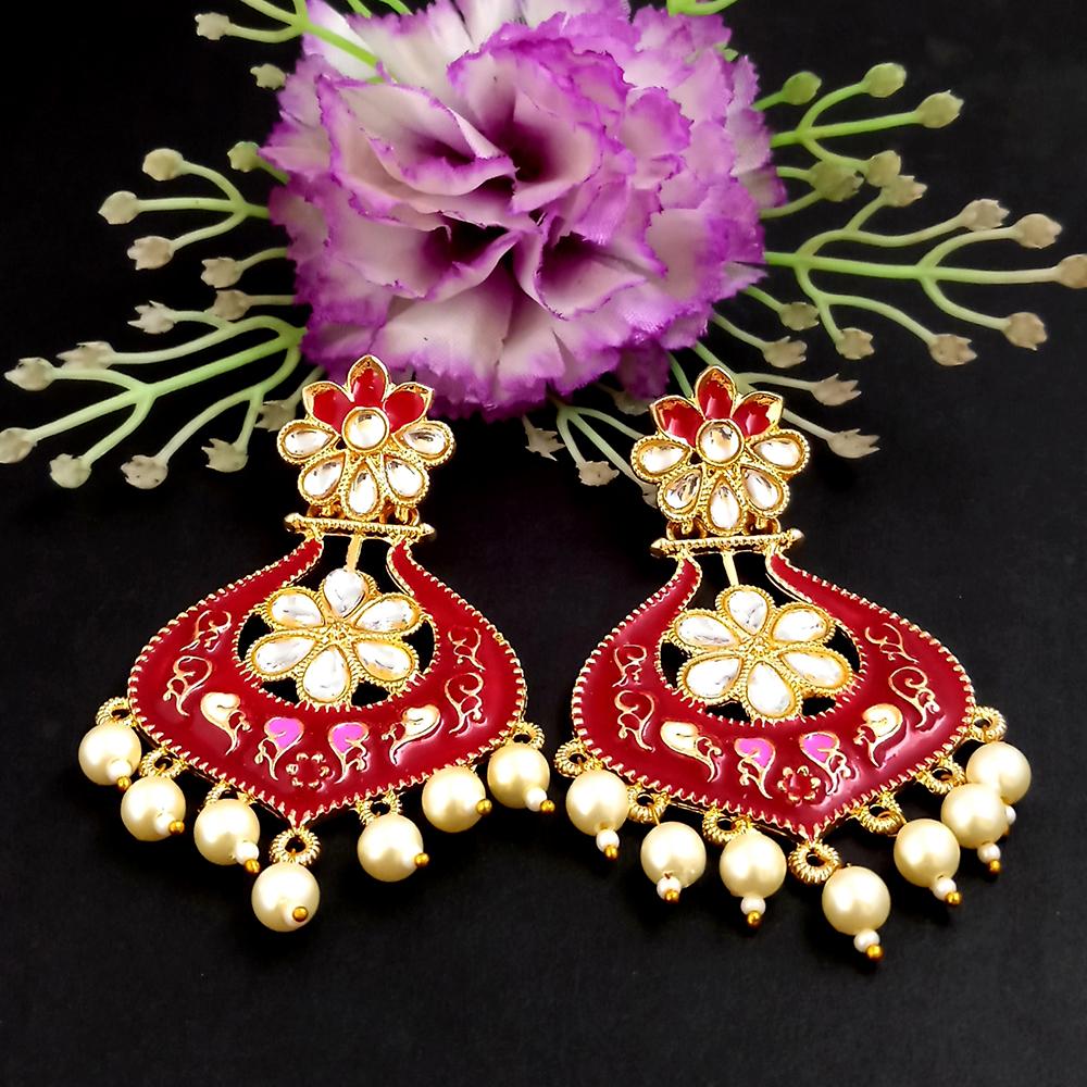 Parshwam Red Kundan Meenakari Dangler Earrings-1318612B