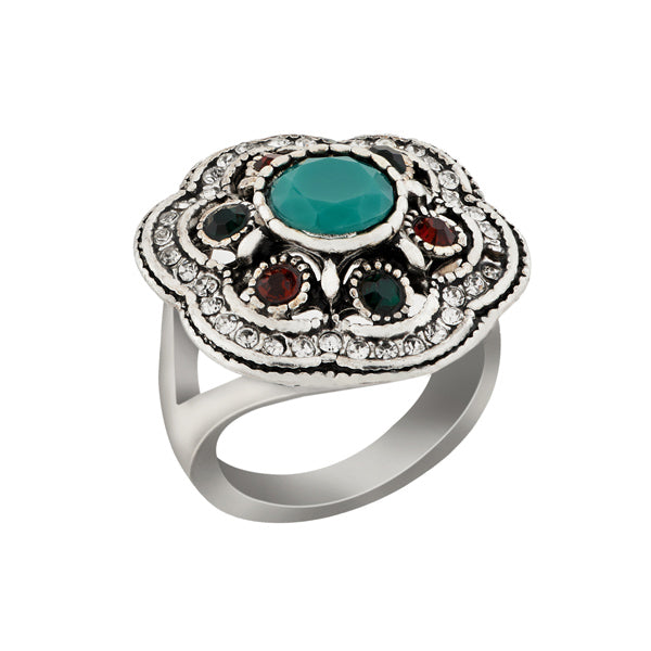 Urthn Maroon And Green Stone Rhodium Plated Ring