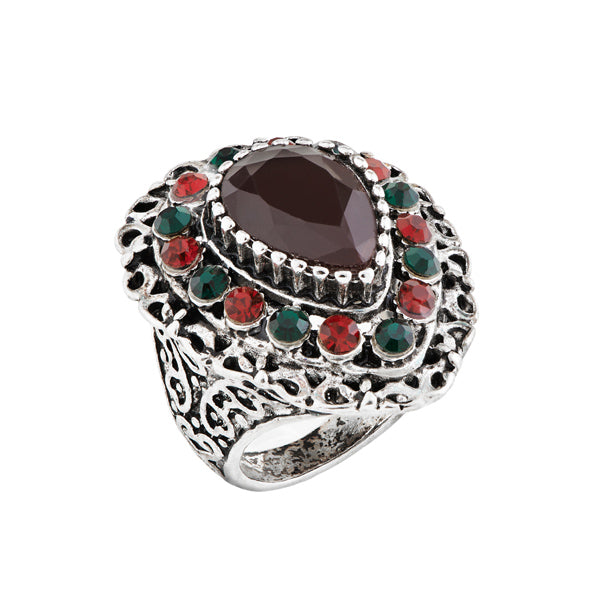 Urthn Maroon And Green Stone Rhodium Plated Ring