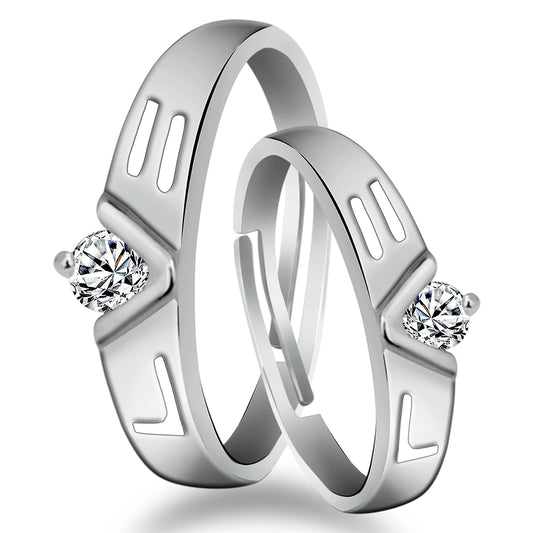 Urbana Rhodium Plated Solitaire Couple Ring Set With Crystal Stone