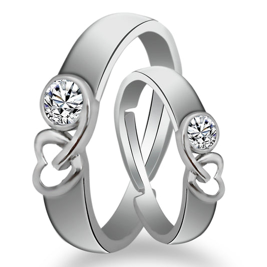 Urbana Rhodium Plated Solitaire Couple Ring Set With Crystal Stone