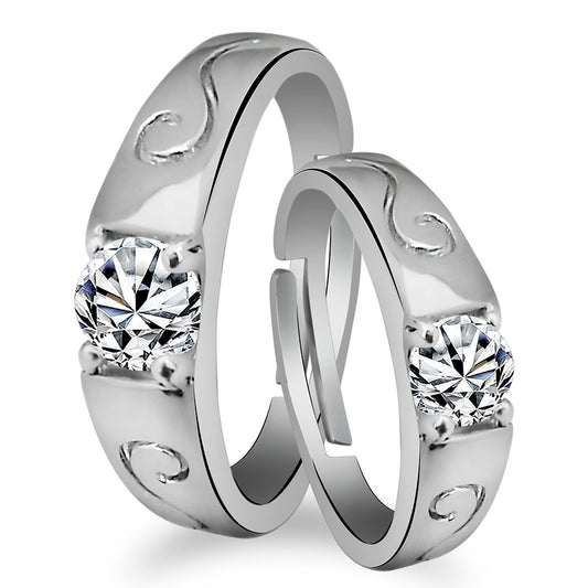 Urbana Rhodium Plated Solitaire Couple Ring Set With Crystal Stone