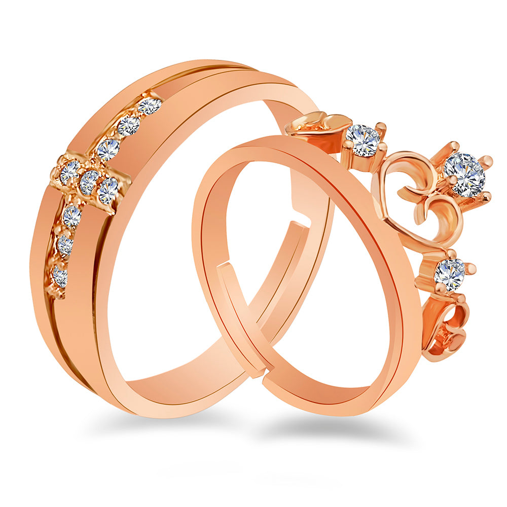 Urbana Gold Plated Solitaire Couple Ring Set With Crystal Stone