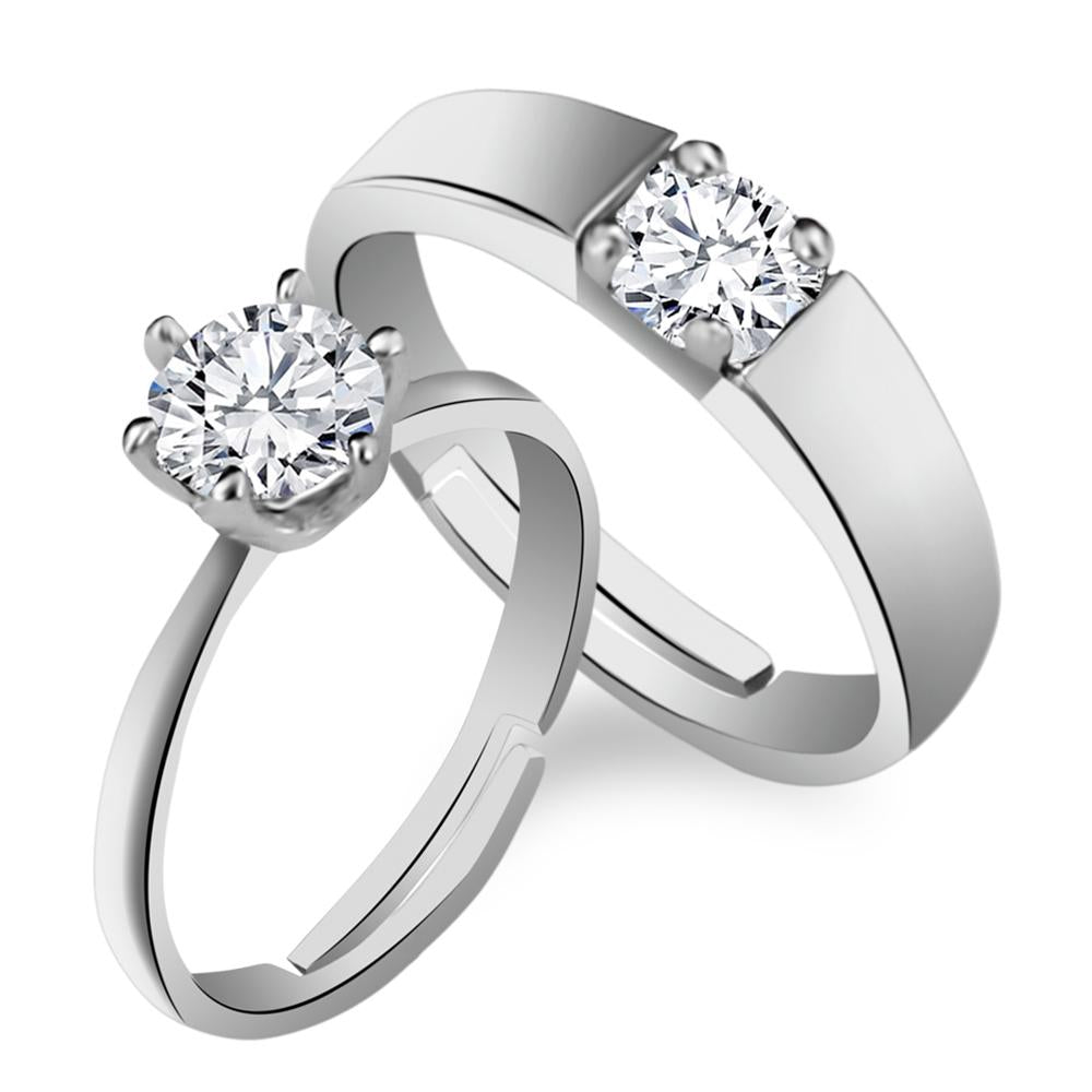 Urbana Rhodium Plated Solitaire Couple Ring Set With Crystal Stone - 1506365