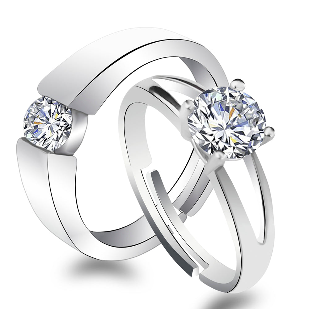Urbana Rhodium Plated Solitaire Couple Ring Set With Crystal Stone - 1506376