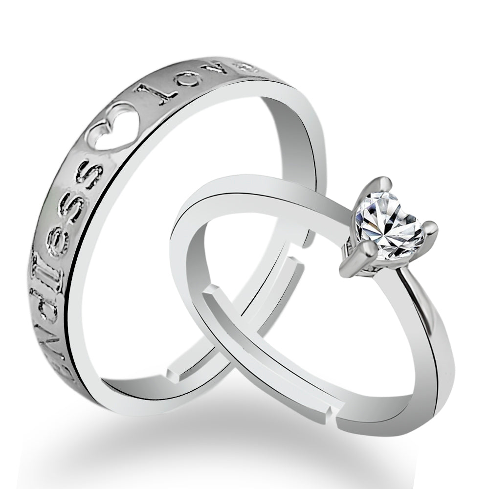 Urbana Rhodium Plated Solitaire Couple Ring Set With Crystal Stone