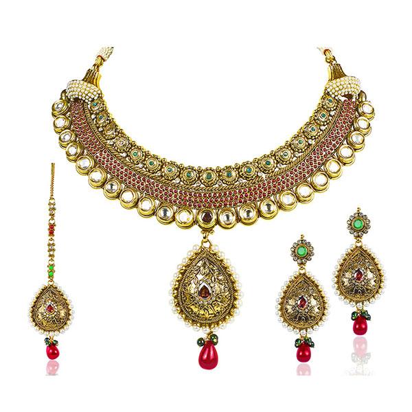 Mithya Gold Plated Stone Necklace Set With Maang Tikka  - 2000108