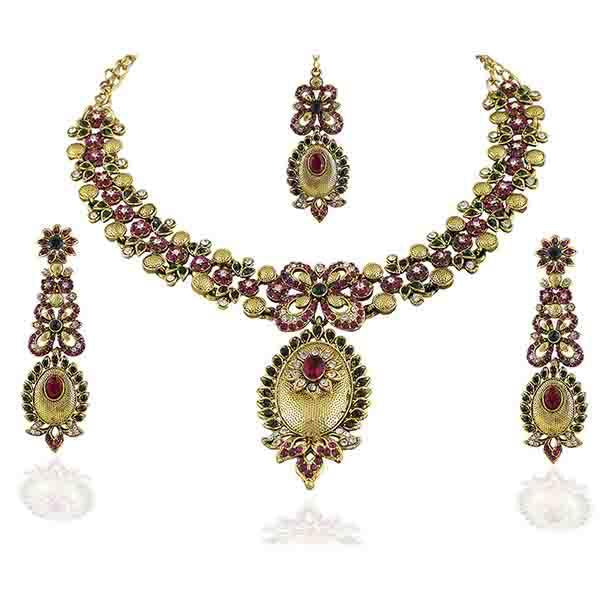 Vivaah Gold Plated Stone Necklace Set With Maang Tikka - 2000316