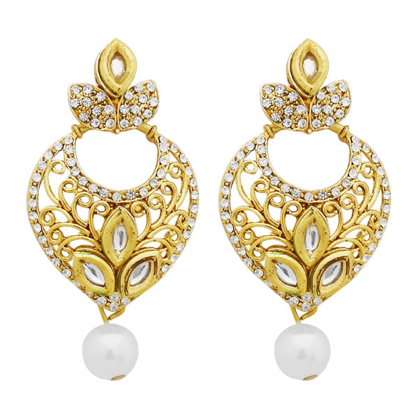 Jheel Stone Gold Plated Pearl Drop Dangler Earrings