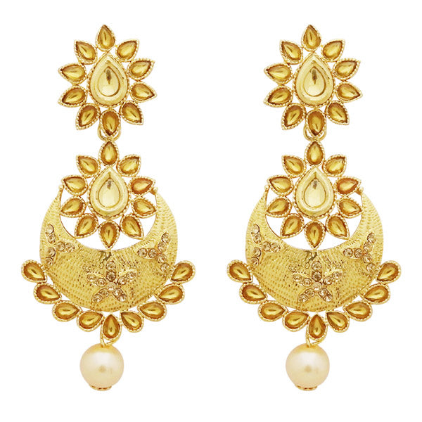 Jheel Kundan Stone Gold Plated Pearl Drop Dangler Earrings