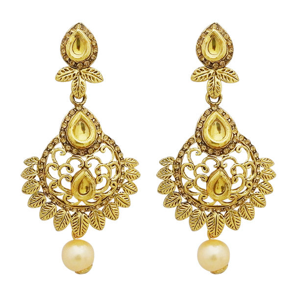 Jheel Brown Stone Gold Plated Pearl Drop Dangler Earrings