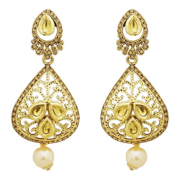 Jheel Kundan Stone Gold Plated Pearl Drop Dangler Earrings
