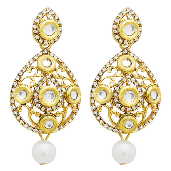 Jheel Stone Gold Plated Pearl Drop Dangler Earrings