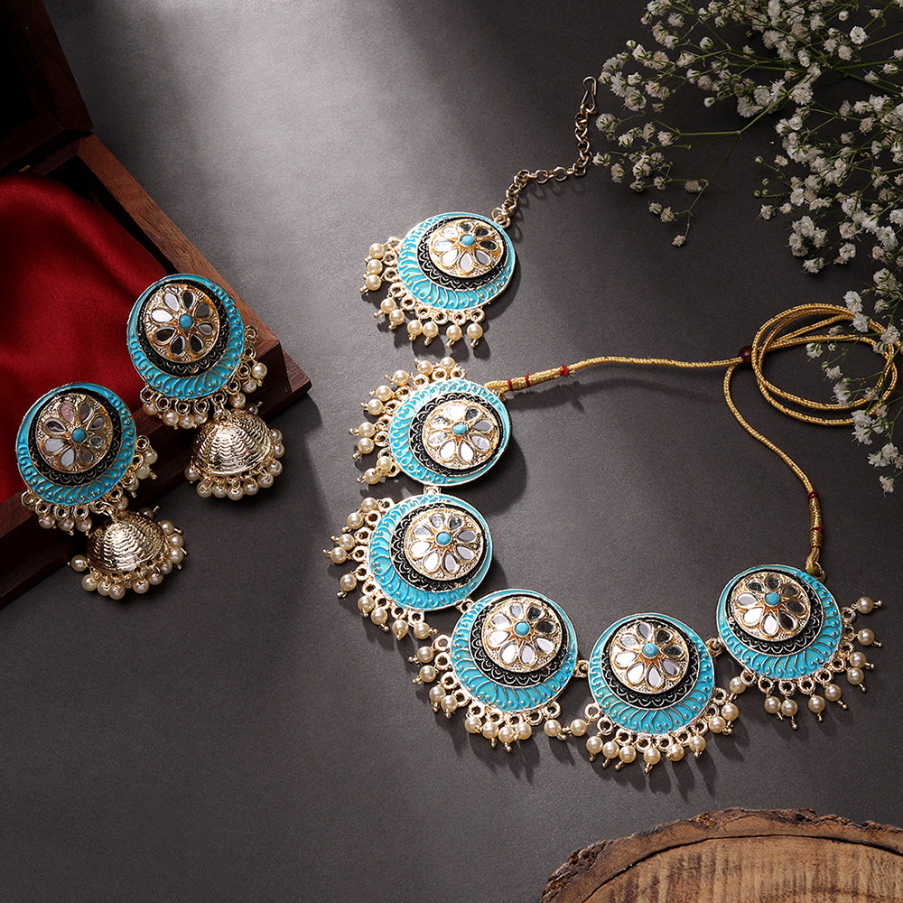 Asmitta Gold Plated Menaakari And Mirror Necklace Set