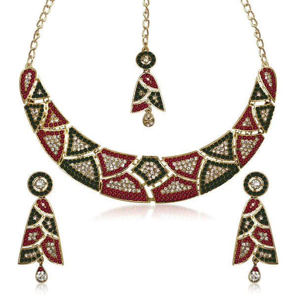 Kriaa Gold Plated Austrian Stone Necklace Set With Maang Tikka