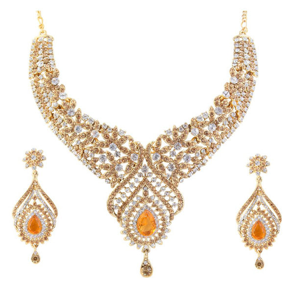 Kriaa Orange Austrian Stone Gold Plated Necklace Set