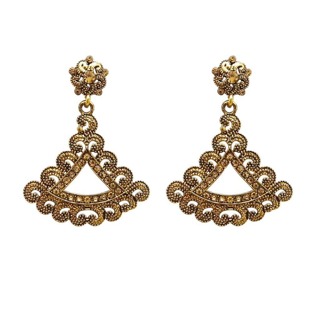 Kriaa Antique Gold Plated Brown Austrian Stone Dangler Earrings