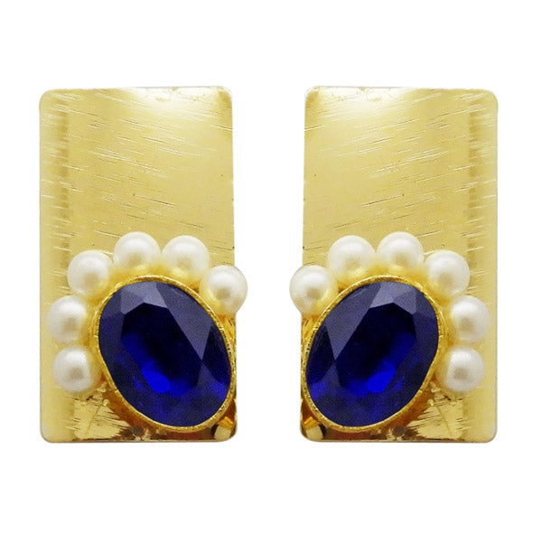 Kriaa Blue Resin Stone Pearl Gold Plated Dangler Earrings